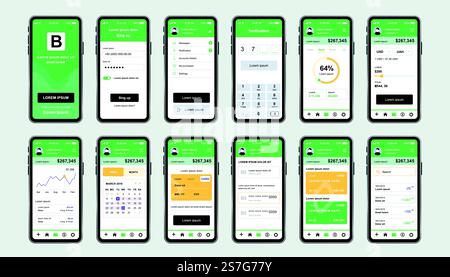 Online banking unique design kit for app. Mobile wallet screens with financial analytics, instruments and services. Financial management UI, UX template set. GUI for responsive mobile application. Stock Vector