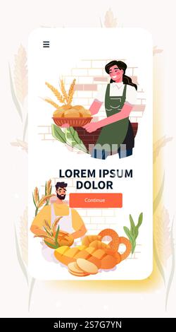 Baker with bread and wheat theme. Smiling woman holding basket of bread man with assorted baked goods wheat background brick wall mobile app screen Stock Vector
