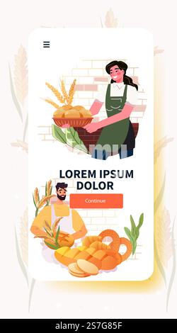 Baker with bread and wheat theme. Smiling woman holding basket of bread man with assorted baked goods wheat background brick wall mobile app screen Stock Vector