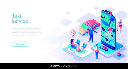 Taxi service landing page vector template. Urban transport call website header UI layout with isometric illustration. Fast trip on car, journey destination web banner isometry concept Stock Vector