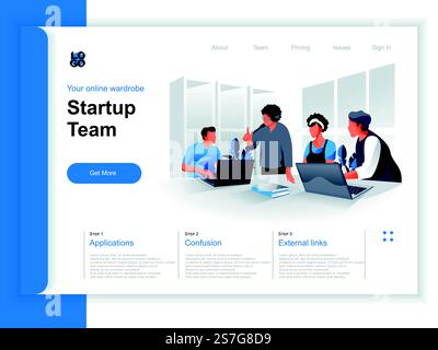 Startup team meeting isometric landing page. Team of colleagues discussing new project in office situation. Productive corporate teamwork, brainstorming and strategy planning perspective flat design. Stock Vector