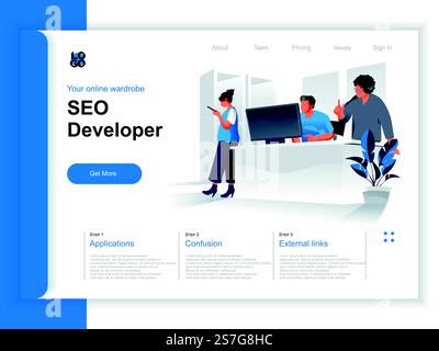 Seo developer isometric landing page. Marketing team working with computer in office situation. Track and analyze website analytics, planning SEO strategy and code optimization perspective flat design Stock Vector