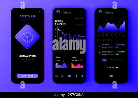Cryptocurrency unique neomorphic design kit for mobile app neomorphism style. Bitcoin mining screens with charts. Cryptocurrency platform UI, UX templates. GUI for responsive mobile application. Stock Vector
