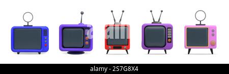 3D TV. Old television frame. Vintage screen with red remote control box. Retro movie film broadcast. Analog antenna. Render electronic monitors. Old-f Stock Vector