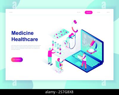 Modern flat design isometric concept of Online Medicine and Healthcare for banner and website. Isometric landing page template. Doctors treating the patient. Vector illustration. Stock Vector