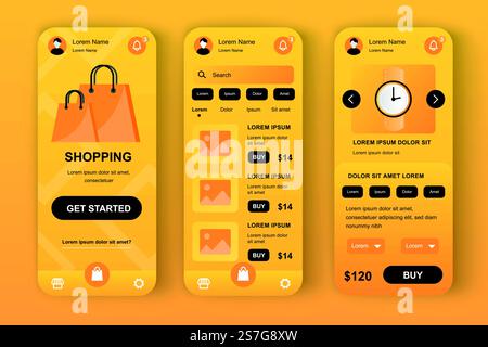 Shopping solution unique yellow neomorphic design kit. Shopping app for online auction with photo, description and price. Internet store UI, UX template set. GUI for responsive mobile application. Stock Vector