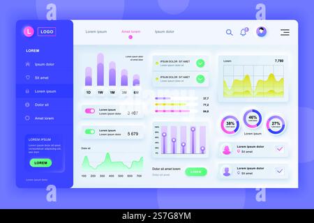 Neumorphic dashboard UI kit. Admin panel vector design template with infographic elements, HUD diagram, info graphics. Website dashboard for UI and UX design web page. Neumorphism style. Stock Vector