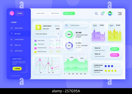 Neumorphic dashboard UI kit. Admin panel vector design template with infographic elements, HUD diagram, info graphics. Website dashboard for UI and UX design web page. Neumorphism style. Stock Vector
