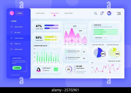 Neumorphic dashboard UI kit. Admin panel vector design template with infographic elements, HUD diagram, info graphics. Website dashboard for UI and UX design web page. Neumorphism style. Stock Vector