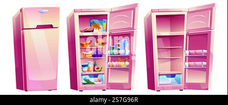 Kitchen fridges set isolated on white background. Vector cartoon illustration of open and closed, full and open refrigerators with fruit, vegetables, cheese, sausage, cake, eggs, milk, soda on shelves Stock Vector