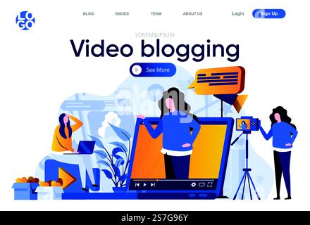 Video blogging flat landing page. Professional blogger making video, vlogging and streaming vector illustration. Video content production for social media web page composition with people characters Stock Vector