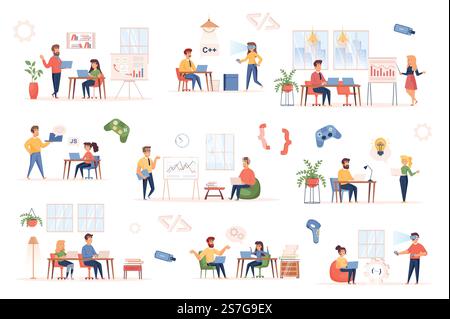 Development company bundle of flat scenes. Workflow process isolated set. Developers, furniture, presentation, discussion project, programming elements. Software production cartoon vector illustration Stock Vector