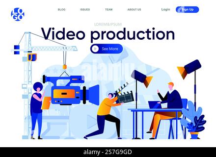 Video production flat landing page. Operator with video camera and assistant in studio vector illustration. Video production work team making video content web page composition with people characters Stock Vector