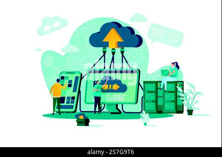 Cloud computing concept in flat style. IT specialists administrate cloud storage scene. Hosting platform, big data processing web banner. Vector illustration with people characters in work situation.. Cloud computing concept in flat style. Stock Vector
