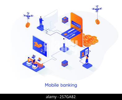 Mobile banking isometric web banner. Digital wallet, fintech mobile application isometry concept. Money transactions and payments 3d scene, smart finance app design. Vector illustration with people. Stock Vector