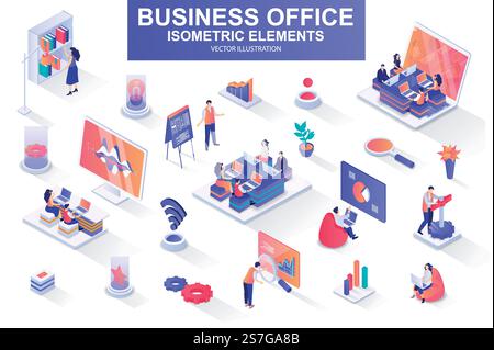 Business office bundle of isometric elements. Business analytics, project presentation, company teamwork, managers working isolated icons. Isometric vector illustration kit with people characters.. Business office bundle of isometric elements. Stock Vector