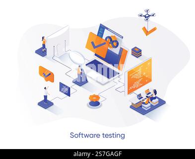 Software testing isometric web banner. Software debugging and quality assurance isometry concept. Search of bugs and analysis process 3d scene design. Vector illustration with people characters. Stock Vector