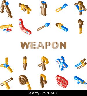 weapon war gun military icons set vector. army knife, pistol sign, battle rifle, silhouette steel, game automatic crime danger weapon war gun military isometric sign illustrations. weapon war gun military icons set vector Stock Vector