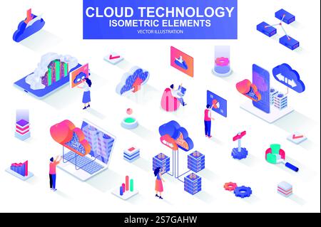 Cloud technology bundle of isometric elements. Server rack, hosting provider, information network, data storage, cloud database isolated icons. Isometric vector illustration kit with people characters. Cloud technology bundle of isometric elements. Stock Vector