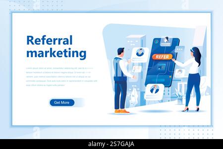 Referral marketing flat web page design template of homepage or header images decorated people for website and mobile website development. Flat landing page template. Vector illustration. Stock Vector
