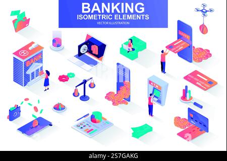 Banking services bundle of isometric elements. Digital wallet, bank building, credit card, mobile app, atm terminal, payment isolated icons. Isometric vector illustration kit with people characters.. Banking services bundle of isometric elements. Stock Vector