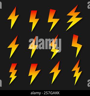 Black icons of thunder or lightning vector signs. Thunder strike logo on background Stock Vector