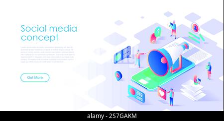 Modern flat design isometric concept of Social Media for banner and website. Isometric landing page template. Virtual communication and media sharing. Vector illustration. Stock Vector