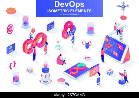 DevOps bundle of isometric elements. Startup launch, software development, deployment and testing, automation and programming isolated icons. Isometric vector illustration kit with people characters.. DevOps bundle of isometric elements. Stock Vector