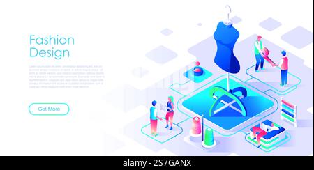 Fashion design isometric landing page vector template. Sewing workshop, tailor studio website homepage interface illustration layout. Designer clothing store web banner isometry concept. Fashion design isometric landing page vector template Stock Vector