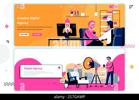 Creative agency landing pages set. Idea generation workflow, project launch corporate website. Flat vector illustration with people characters. Web concept use as header, footer or middle content. Stock Vector