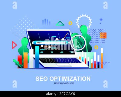 SEO optimization flat concept with gradients. Internet analytics, online research software and tools template. Website content optimization for relevant searches 3d composition, vector illustration.. SEO optimization flat concept with gradients. Stock Vector