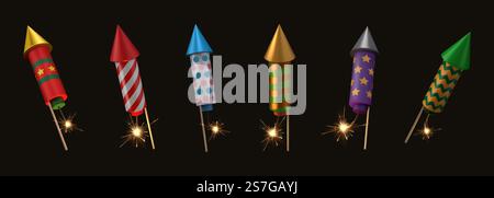 Firework rocket. 3D firecracker. Realistic celebrate fire cracker element. Festival cracker. Carnival petard. Salute burn. Holiday celebration. Party Stock Vector