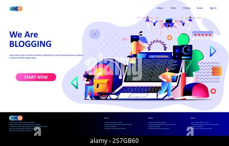 Blogging flat landing page template. Quality content creation for social media web banner. Network communication, vlogging occupation with camera 3d composition. Web page vector illustration. Stock Vector