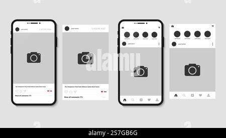 Smartphone and open social app with post for photo, mockup template Stock Vector