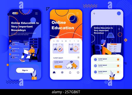 Online education unique design for social networks stories. Distance learning, educational webinar mobile screen templates for app. UI UX layouts vector illustration. GUI set with people characters. Stock Vector