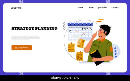 Strategy planning business concept. Web banner design, landing page template. Time management, employee schedule making, thinking people goals plannin Stock Vector