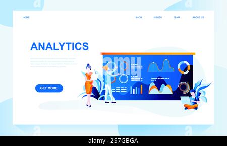 Analytics vector landing page template with header. Statistics research web banner, homepage design with flat illustrations. Business development, economic strategy web site layout. Analytics vector landing page template with header. Statistics research web banner, homepage design with flat illustrations Stock Vector