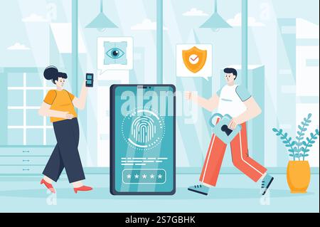 Biometric access control concept in flat design. Security service working scene. Man and woman use fingerprint scanner, access to device. Vector illustration of people characters for landing page Stock Vector