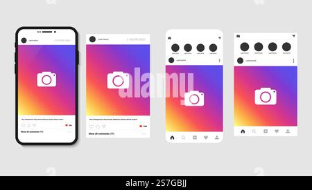 Smartphone and open social app with post for photo, mockup template Stock Vector