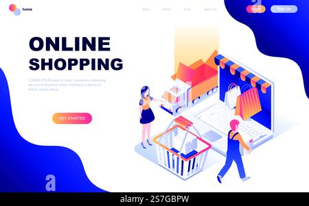 Modern flat design isometric concept of Online Shopping decorated people character for website and mobile website development. Isometric landing page template. Vector illustration. Stock Vector