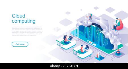 Cloud computing landing page vector template. Data and info storage website header UI layout with isometric illustration. Database server, hosting infrastructure web banner isometry concept Stock Vector