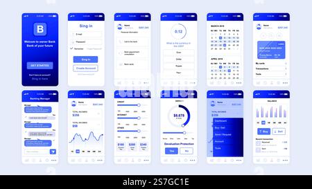 Set of UI, UX, GUI screens Banking app flat design template for mobile apps, responsive website wireframes. Web design UI kit. Banking Dashboard. Stock Vector