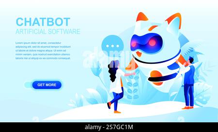 Chatbot flat landing page with header, banner vector template. Artificial intelligence and software website layout. Modern technologies, digital conversational partner, virtual assistant webpage. Chatbot flat landing page with header, banner vector template. Artificial intelligence and software website layout. Modern technologies, digital conversational partner, virtual assistant web page Stock Vector