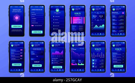 Cryptocurrency unique design kit for mobile app. Bitcoin mining screens with progress charts and financial analytics. Cryptocurrency platform UI, UX templates. GUI for responsive mobile application. Stock Vector