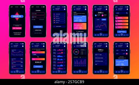 Cryptocurrency unique design kit for mobile app. Bitcoin mining screen with financial graphs, accounting and investment. Cryptocurrency platform UI, UX templates. GUI for responsive mobile application Stock Vector
