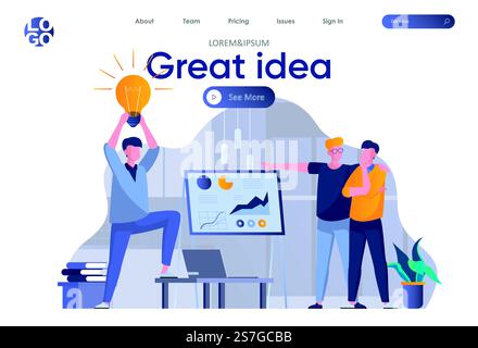 Great idea landing page with header. Man presenting new great idea before investors, startup team brainstorming in office scene. Coworking, teamwork and creativity situation flat vector illustration. Stock Vector