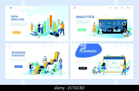 Set of landing page template for Data Analysis, Analytics, Business Statistic, Planning. Modern vector illustration flat concepts decorated people character for website and mobile website development. Stock Vector