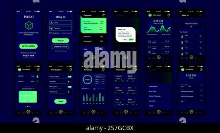 Set of UI, UX, GUI screens Cryptocurrency app flat design template for mobile apps, responsive website wireframes. Web design UI kit. Cryptocurrency Dashboard. Stock Vector