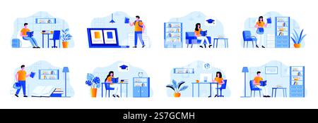 Education scenes bundle with people characters. Distance learning program in university, students studying in library, read book at home situations. Online education platform flat vector illustration. Stock Vector