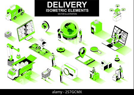 Delivery service bundle of isometric elements. Courier on scooter, delivery truck, pinpointer, warehouse worker, quadcopter, delivery box isolated icons. Isometric vector illustration kit with people. Stock Vector